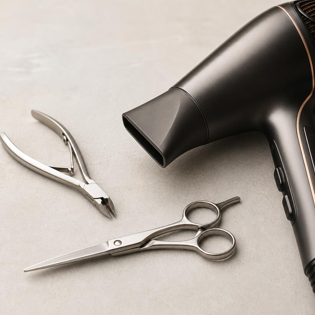 Alicates de manicure, tesouras de cabeleireiro e secador profissional — ferramentas trabalhadas pela Edy Afiações